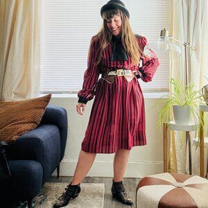 80s Vintage Secretary Dress Striped Elastic Waist Bow Dress | Size M-XL